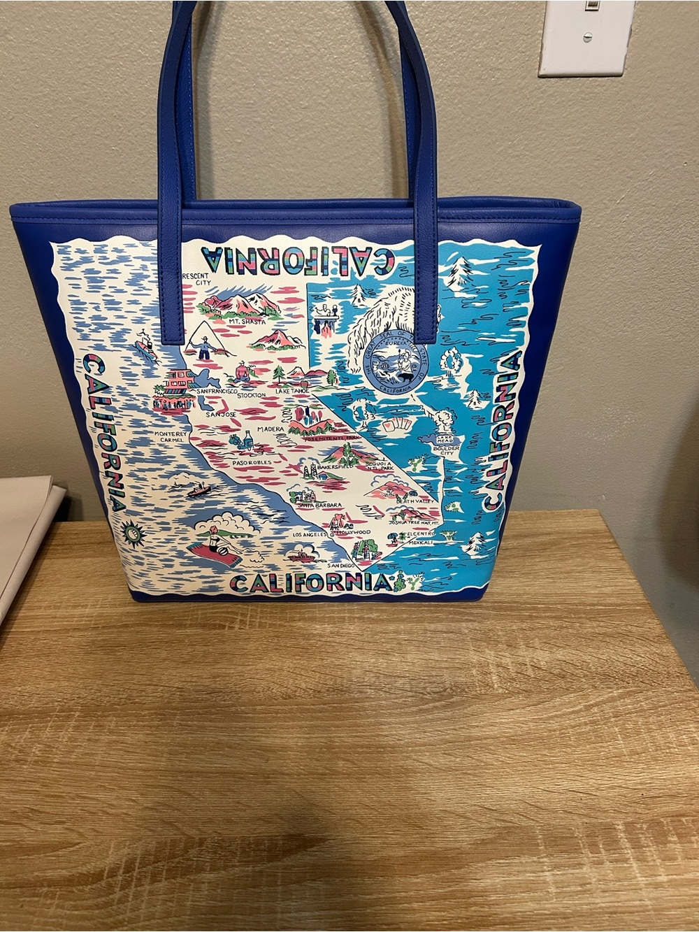 Talbots California Map Destination Tote Bag Blue Novelty Travel Coastal Purse